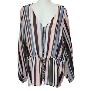 Lane Bryant Blouse 22 Long Sleeve Striped Cinched Waist Button Top Lined V